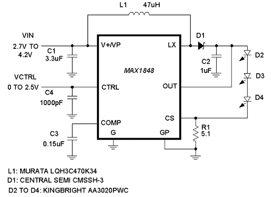 《圖二　MAX1848 Boost White LED Driver》