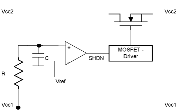 《圖二　透過RC、比較器與MOSFET驅動線路的電源順序控制》