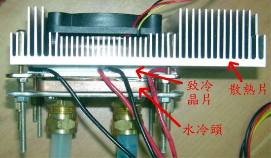 《圖十一　TEC模組2照片(含水冷頭、致冷晶片、散熱片)》