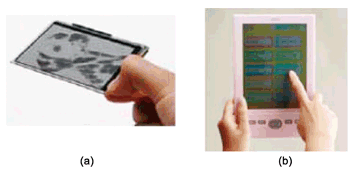 《圖十四  (a) Bridgestone展示之電子紙 (b)FUJITSU FRONTECH的彩色電子紙“FLEPia”。 （照片取自 材料世界網 www.materialsnet.com.tw）》