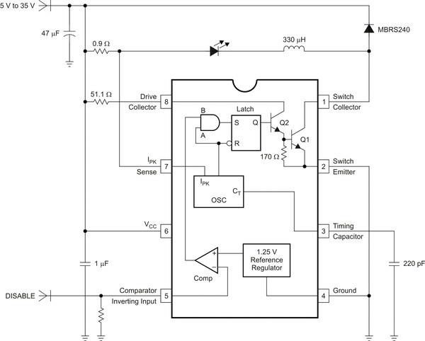 《图一 MC33063组成了一款低成本的LED驱动器》