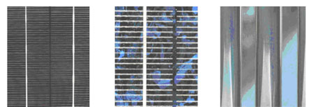 《圖二  太陽能電池的種類與外觀，由左到右分別為單晶矽太陽電池 多晶矽太陽電池 非晶矽太陽電池》