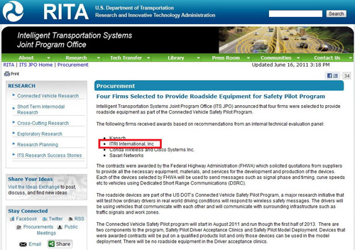 《圖四  ITRI獲選為美國交通部Safety Pilot計畫下的RSE (Roadside Equipment)標案之供應商》