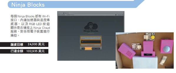 圖二 :  每個Ninja Blocks都有Wi-Fi接口、內建加速器與溫度傳感器，以及RGB LED按鈕顯示是否連接上Ninja Cloud服務，對各項電子裝置進行操控。