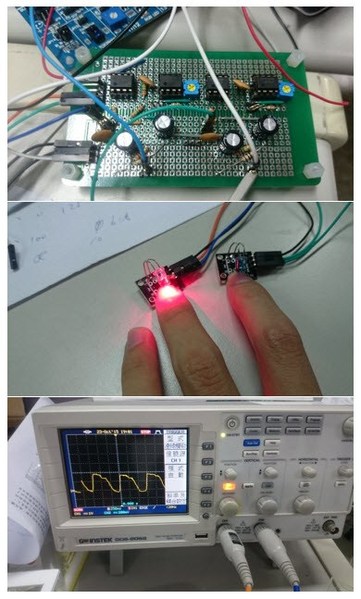 圖8 :  實體圖(上)自制放大器；(中)紅外線元件；(下)心跳的示波圖