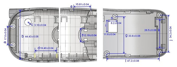 圖3 : 手機模型分成三個部分(上圖)，a~l為十二個規格及尺寸公差(下圖)