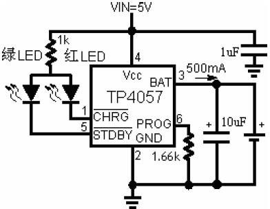 圖8 :  TP4057 IC 周邊接腳與鋰電池充電電路圖