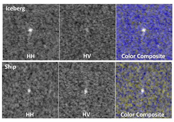 圖3 : 難以分類為冰山（右上）和船隻（右下）的彩色合成影像。