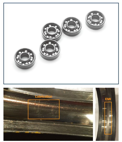 圖5 : （上）滾動元件軸承和（下）潤滑與放電電流缺陷的示例