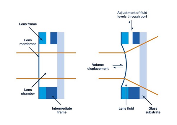 圖1 : 使用液體鏡頭，僅需改變幾微米的形狀即可調整焦點。