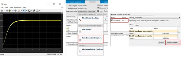 圖3 : 輸出電壓初始暫態（左），模擬截圖（中），模型的初始化（右）