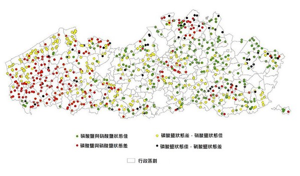 圖一 : 法蘭德斯環境署（VMM）架設了地表水監測網路MAP，以測量農業地區水道內的養分含量。圖為MAP於2018-2019年冬季評測硝酸鹽和磷酸鹽的結果。目前大多數的水質讀數來自人工採樣的樣本，並以離線方式或在實驗室分析這些樣本。（source：VMM）