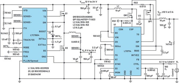 圖1 : 雙極/雙向/兩端點(2-terminal)電源供應器的電路圖 : VIN = 5 V 至24 V, VOUT = 3安培電流下+/-10 V