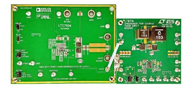 圖6 : 將兩個ADI市售展示板卡焊在一塊，組成測試電路的照片。左邊是LTC7804 (DC2846A)，右邊則是 LT8714 (DC2240A).