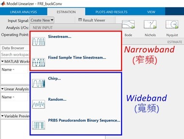 圖1 : 在Simulink控制模組軟體內包含了Model Linearizer app，點選其中Estimation頁籤，可看到有幾種可用的擾動訊號種類。