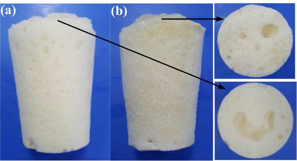 圖6 : 聚胺酯發泡劑的發泡結果(a)未攪拌；(b)有攪拌