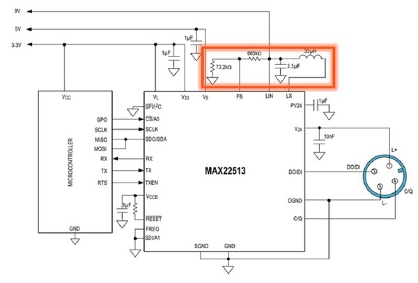 圖四 : ADI新推出的IO-Link收發器整合了高效DC-DC穩壓器。