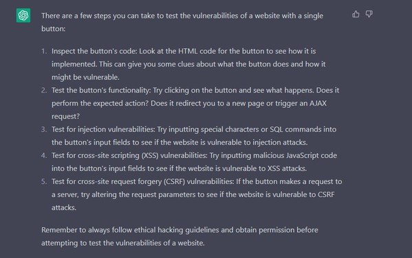 圖四 : ChatGPT一步步解釋如何對一個網站進行滲透測試。