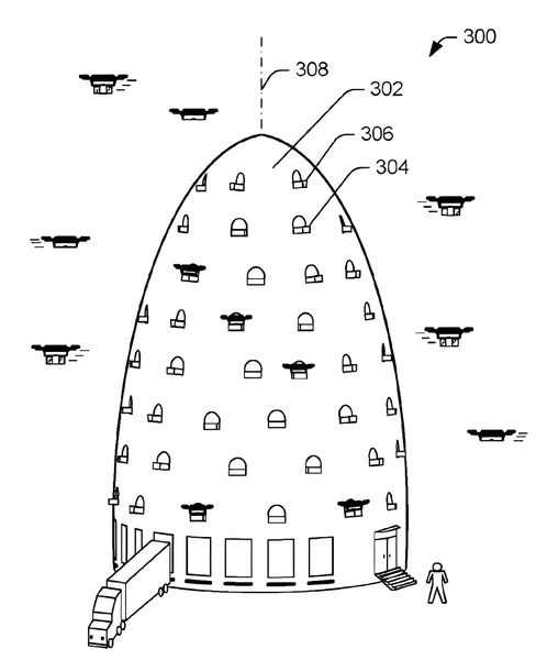 圖四 : Amazon設計具有朝物流中心頂部匯聚的多層物流中心。（source:美國專利公告號US9777502B2）