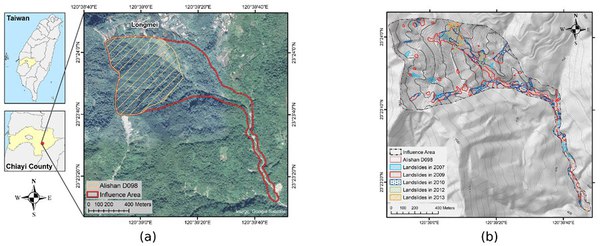 圖七 : ：（a）阿里山D098影響區位置；（b）歷年滑坡面積。（source：MDPI Journals）