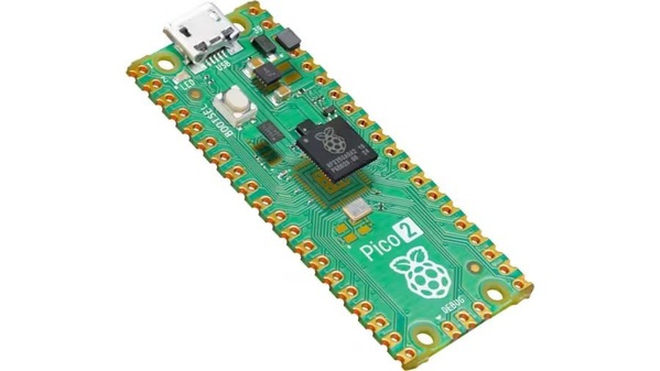 圖1 : Raspberry Pi Pico 2板卡與板卡上的主控晶片RP2350（圖片來源：樹莓派）