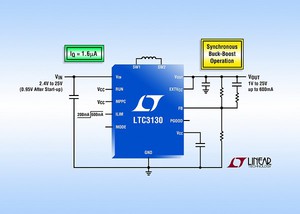 同步電流模式升降壓轉換器 LTC3130 和 LTC3130-1可從多種輸入源提供高達 600mA 的連續輸出電流