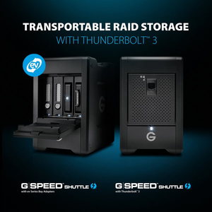 G-Technology G-SPEED Shuttle with Thunderbolt 3與G-SPEED Shuttle with ev Series Bay Adapter 4-Bay可移動式解決方案，在戶外或攝影棚內，接可滿足內容創作者對速度及容量的需求。