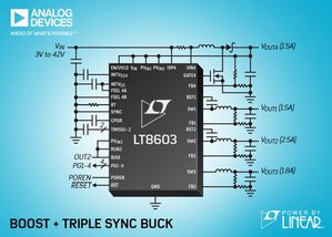 3V 至  42V 輸入，42V四組輸出包含三組單晶同步降壓轉換器和一組升壓控制器。