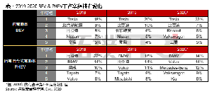 2019~2020年BEV与PHEV市占率排名变化