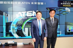 宏正自动科技今日召开ATEN COMPUTEX 2023展前媒体说明会，
资深??总经理林勇达(左)及财务长暨发言人田厌威(右)