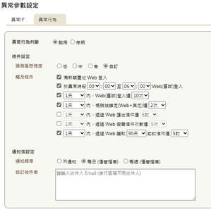 新版功能管理者可設定異常登入條件，例如一天內登入幾次、一天內匯出信件幾次等。