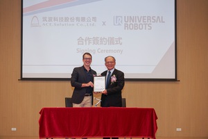 筑波科技與Universal Robots 簽訂合作協議，左為UR亞太區總裁蘇璧凱（Adam Sobieski）、右為筑波科技董事長許深福；圖二為筑波科技與UR將共同推動協作型機器人自動化整合測試方案。